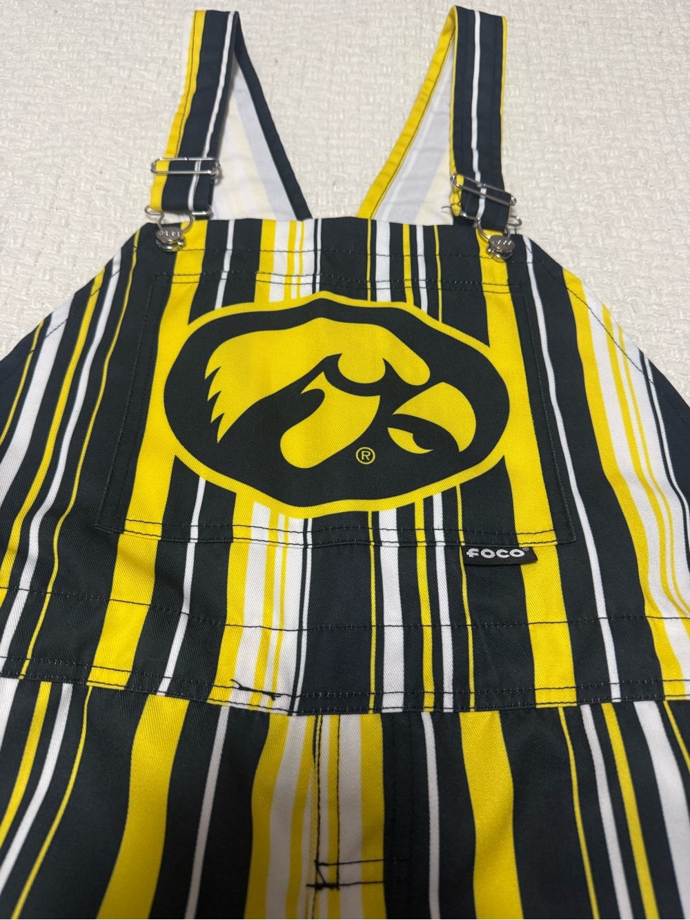 Iowa Hawkeyes FOCO  striped game day overalls. Women’s large.